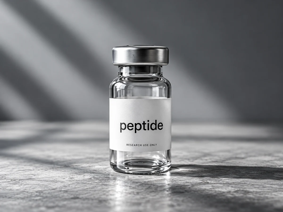 Empty, dry peptide vial with a silver cap in a monochrome studio